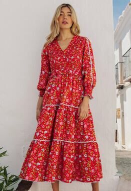Pink City Prints Tuckernuck Mia Smocked Midi Dress Red Poppy Meadow Floral S